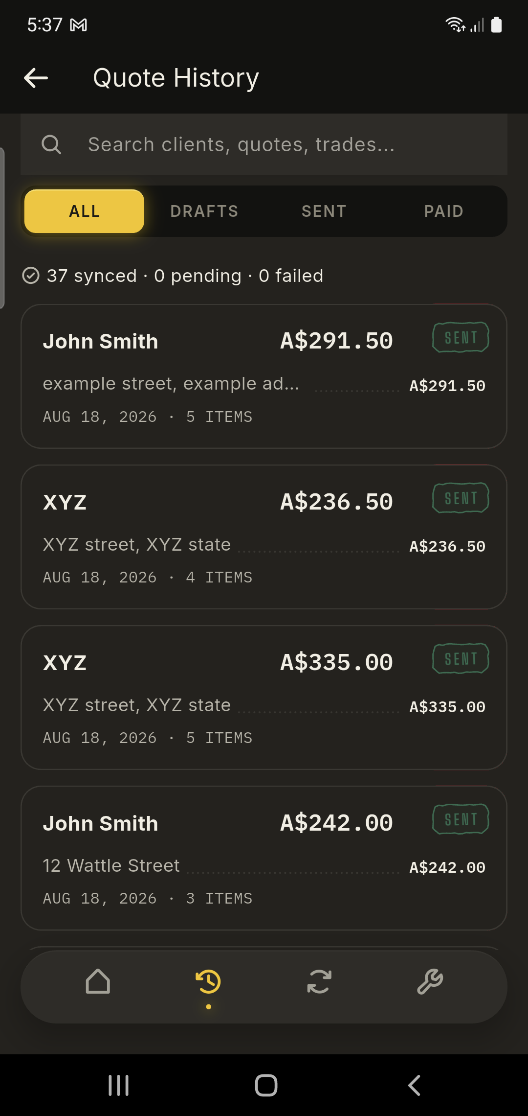 Quote history list with client name, amount, date and status chips