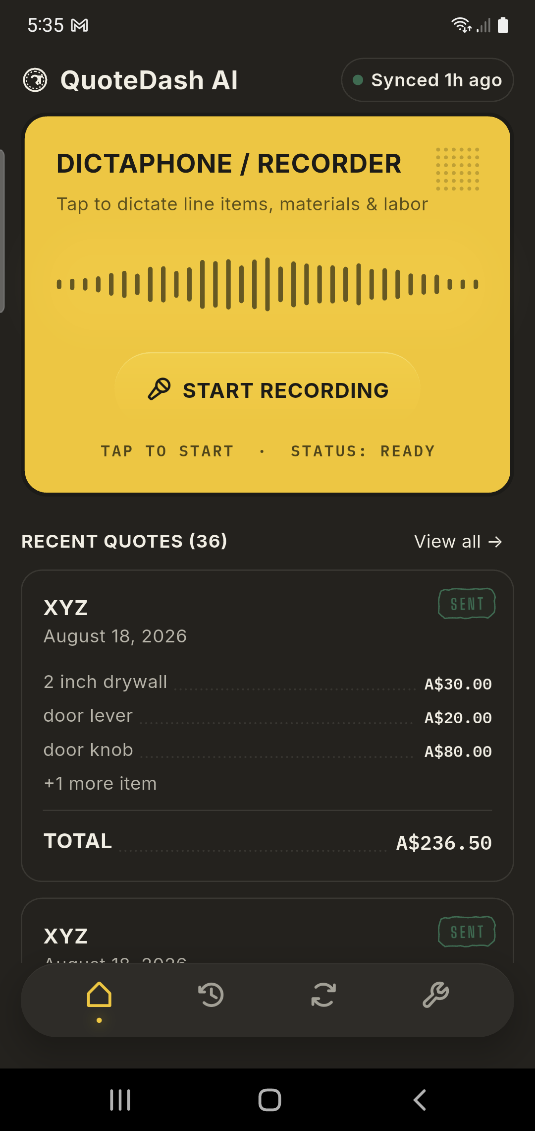 QuoteDash AI home screen with a Start Recording button and a list of recent quotes