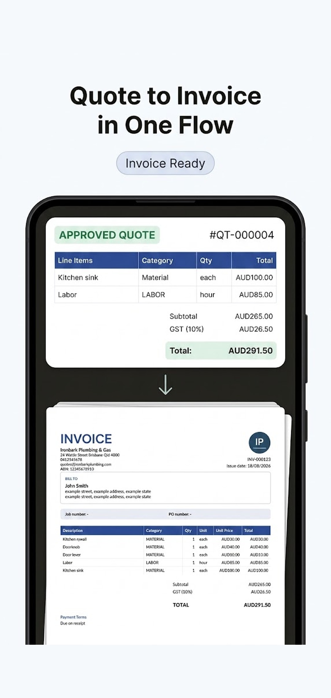 Approved quote transitioning to an invoice PDF with an invoice number and reference