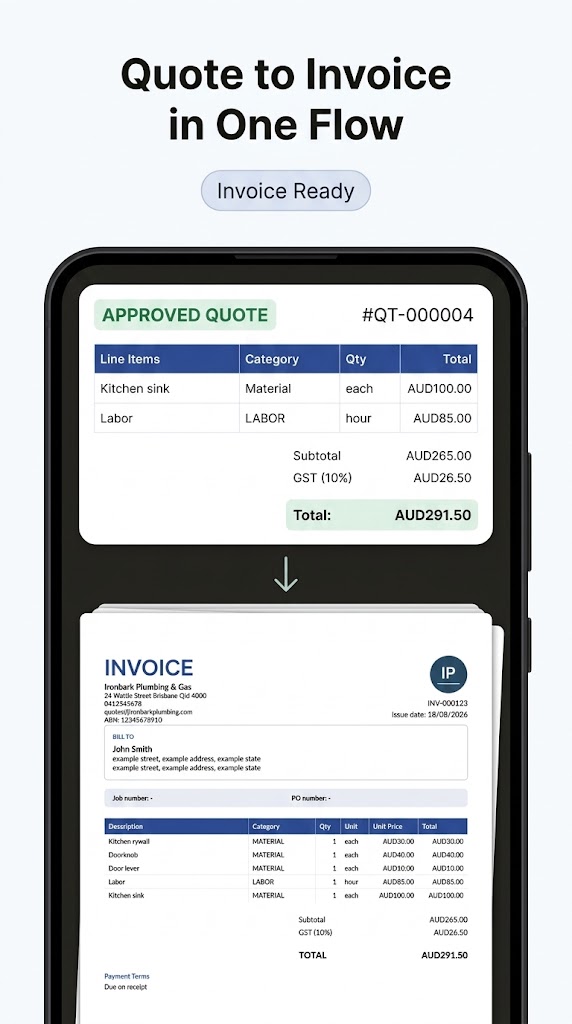An approved quote next to the invoice it generated, with an invoice number, quote reference line and a paid stamp