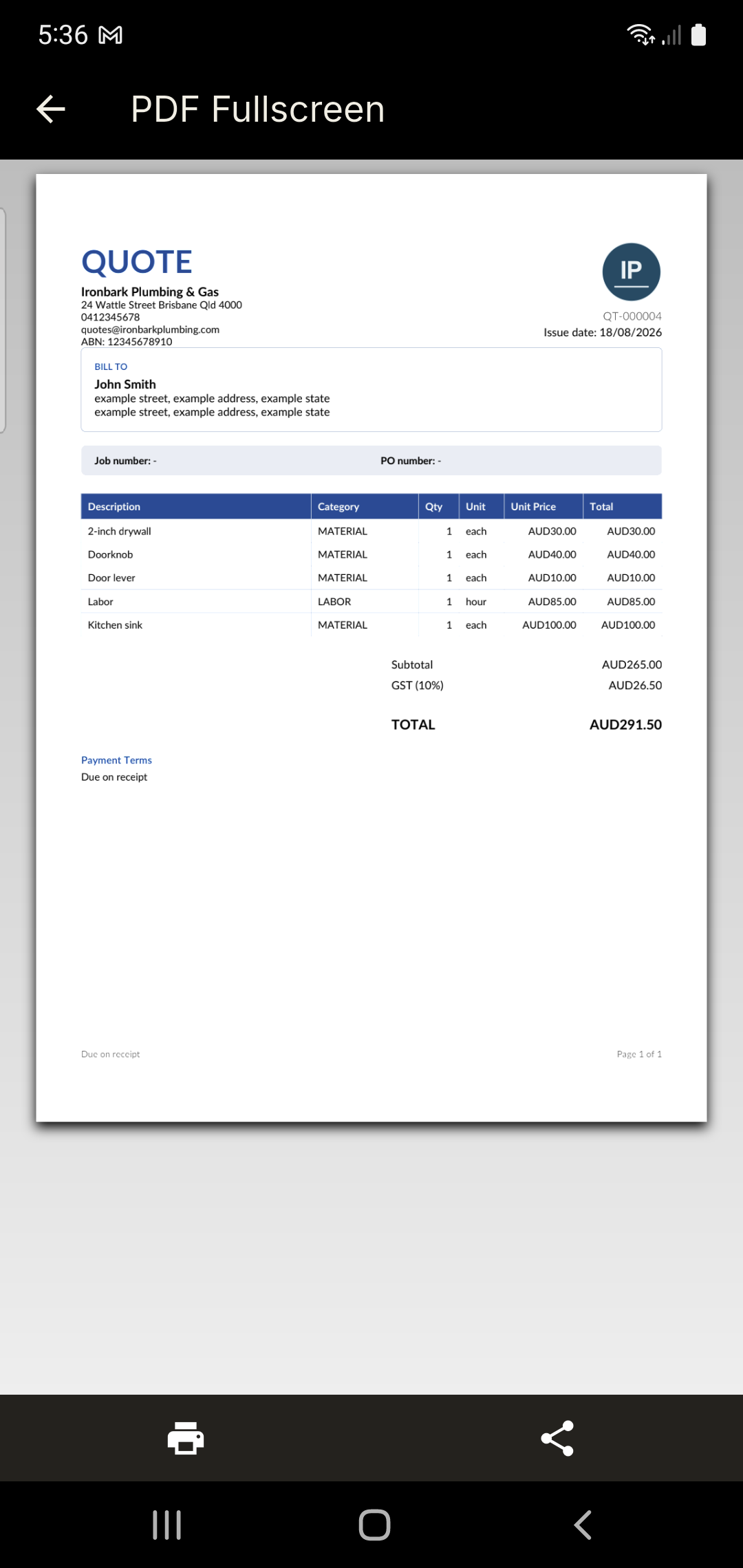 Finished quote PDF with line items, rates, subtotal, tax and total