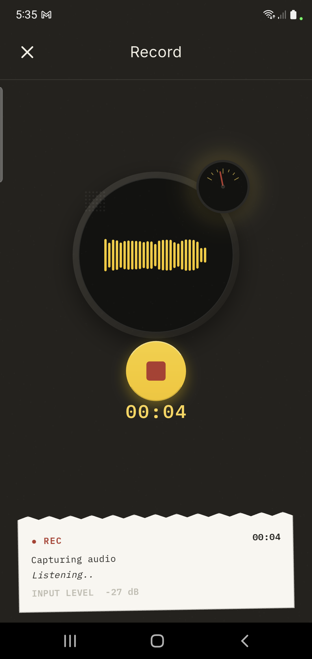 Recording screen with a live waveform capturing a spoken walkthrough